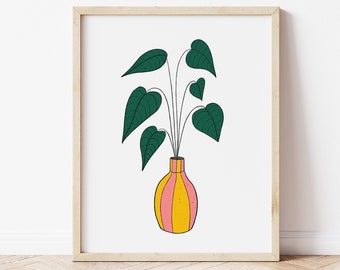 House Plant Art Illustration Print, A4 A5 Potted Plant Print, Pink and Green Plant Art, Plant Lover Gift, Botanical Print, Boho Style Decor