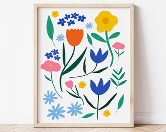 Flower Leaf Illustration Print, Spring Flower Pattern, Tulip Wall Art, Flower Power Print, Cute Floral Pattern Art, Meadow Pattern Print