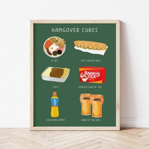 Hangover Cures Print, Illustration Print, Irish Humour, Funny Ireland, Irish Wall Art, Hungover Art Print, Irish Expat Gift, Long Distance