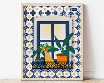 Lisbon Building Illustration Print, Window Art Illustration, Cat Art Print, European Travel, Cat Lover Gift, Portuguese Tile, Cute Balcony