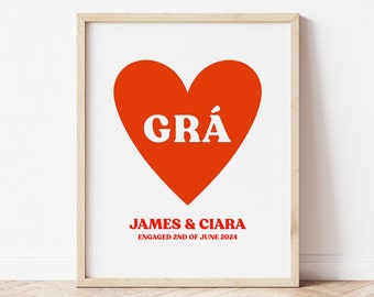 Irish Couples Custom Print, Irish Engagement Gift, Grá Gaeilge, Red White Love Heart Print, Anniversary Present, Personalised Names Love Art