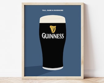 Guinness Illustration Navy Print, Tall Dark and Handsome Guinness, Irish Beer Wall Art, Irish Humour, Kitchen Wall Print, Bar Art, Ireland