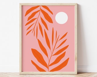 Pink and Orange Art Printable, Leaf Design Printable, Pink Wall Art, Botanical Print, Minimalist Printable, Abstract Art, Modern Leaves Art