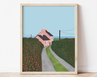 Cute Cottage Illustration Print, Pink House Art Print, Floral Art, Fuchsia Flower Art, Irish Country Home Art, Countryside Wall Decor