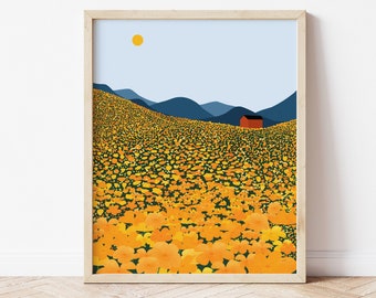 Yellow Flower Field Illustration, Gold California Poppies Print, Orange Art, Poppy Field Illustration, Nature Print, Floral Landscape Art