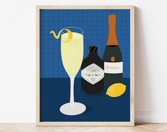 French 75 illustration Print, French 75 Cocktail Art Print, Cocktail Bar Decor, Champagne Drinks, Kitchen Wall Art, Navy Home Bar Decor