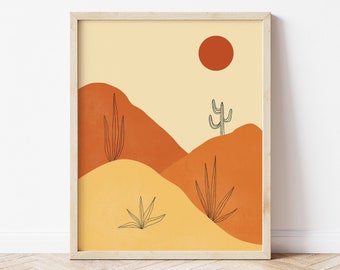 Desert Illustration Printable, Sand Dunes Wall Print, Cactus Line Art Printable, Orange Sunset Art, Earthy Tones Art, Orange Yellow Decor