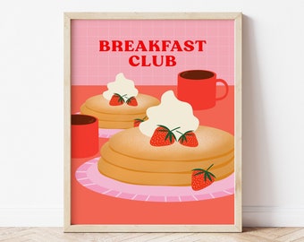 Pancakes Illustration Print, Breakfast Club Phrase, Kitchen Poster, Pink Wall Art, Brunch Illustration, Pink Kitchen Wall Decor, Strawberry