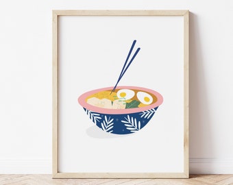 Ramen Bowl Illustration, Japanese Ramen Art, Asian Food, Japanese Theme Print, Japan Food and Drink, A4 Kitchen Wall Decor, A3 Food Poster