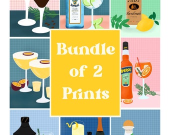 Cocktail Illustration Print, Bundle 2 Art Prints, Aperol Spritz Print, Titos Art Print, Gin & Tonic Art, Bar Illustration Print, Cocktails