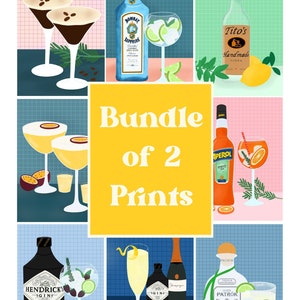 Cocktail Illustration Print, Bundle 2 Art Prints, Aperol Spritz Print, Titos Art Print, Gin & Tonic Art, Bar Illustration Print, Cocktails