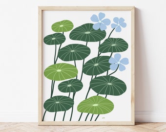 Green Plant Illustration, Flower Print, Blue Flower Wall Art, Nasturtium Plant, Garden Lover Gift, Botanical Illustration, Simple Flower Art