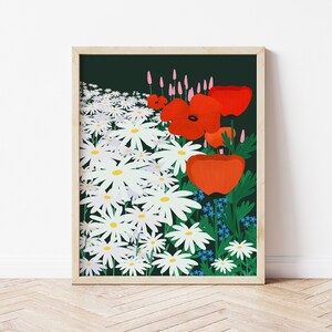 Cottage Garden Illustration Print, Garden Art Print, Daisy Illustration, Red Poppy Art, Wild Garden Meadow , Garden Lover Print, Flower Art