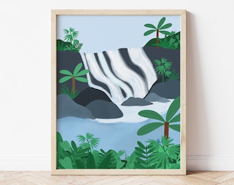 Impresión de ilustración de cascada tropical, impresión artística de cascada de la selva, arte mural de hojas tropicales, decoración con temática tropical, arte de cascada tranquila, viajes