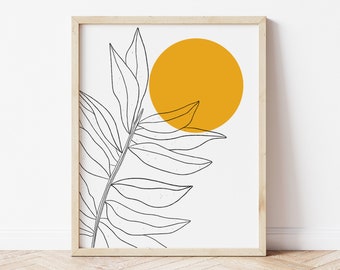 Leaf and Sun Illustration Printable, Minimal Art Printable, Simple Artwork, Botanical Line Art, Gallery Wall Art, Minimalist Home Interior