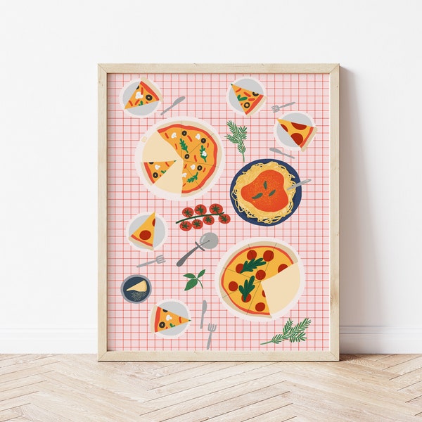 Pizza Illustration Print, Pizza Art Print, Italian Food Art, Family Kitchen Wall Art, Fun illustration Print, Dining Room Artwork, Pasta Art