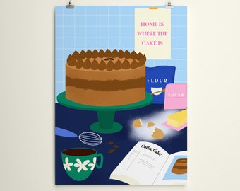 Cake Baking Illustration Print, Cake Wall Art, Baking Illustration, Kitchen Art Print, Coffee Cake Illustration, Baking Essentials Art