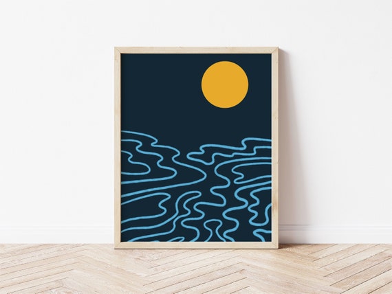 Moon And The Ocean Abstract Illustration Digital Download Etsy
