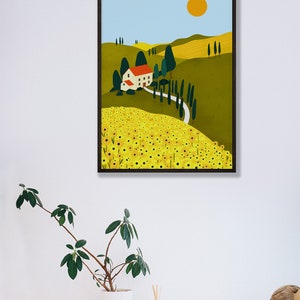 Tuscany Countryside Illustration Print, Italy Travel Print, Sunflower Art Print, Yellow Sunflowers, Italian Illustration, Tuscan Hills Art image 3