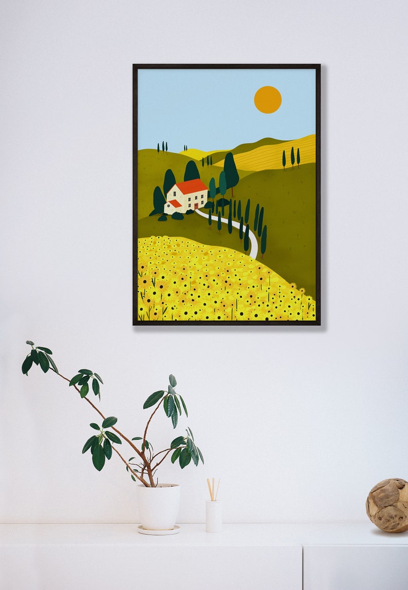 Tuscany Countryside Illustration Print, Italy Travel Print, Sunflower Art Print, Yellow Sunflowers, Italian Illustration, Tuscan Hills Art image 3