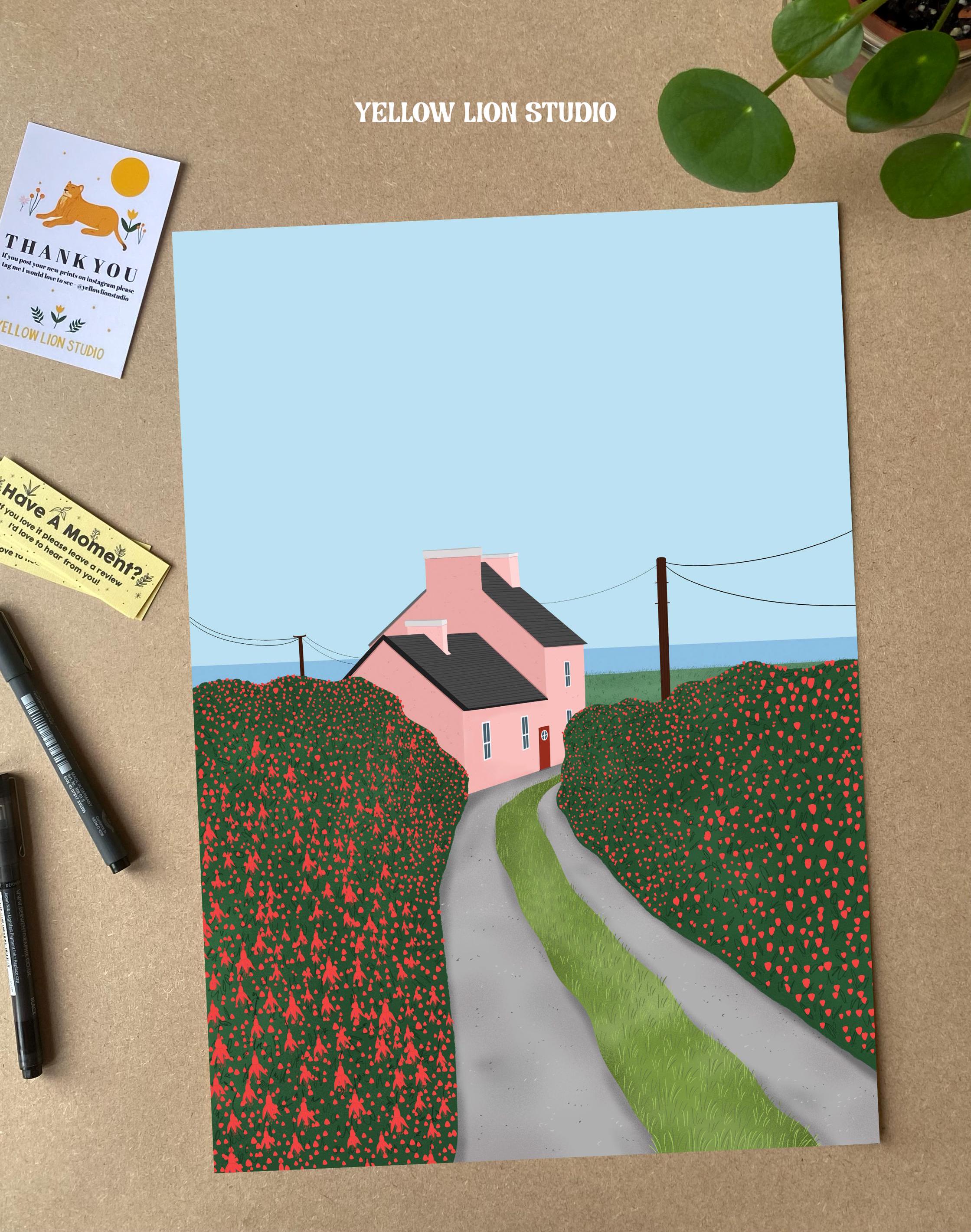 Cute Cottage Illustration Print, Pink House Art Print, Floral Art ...