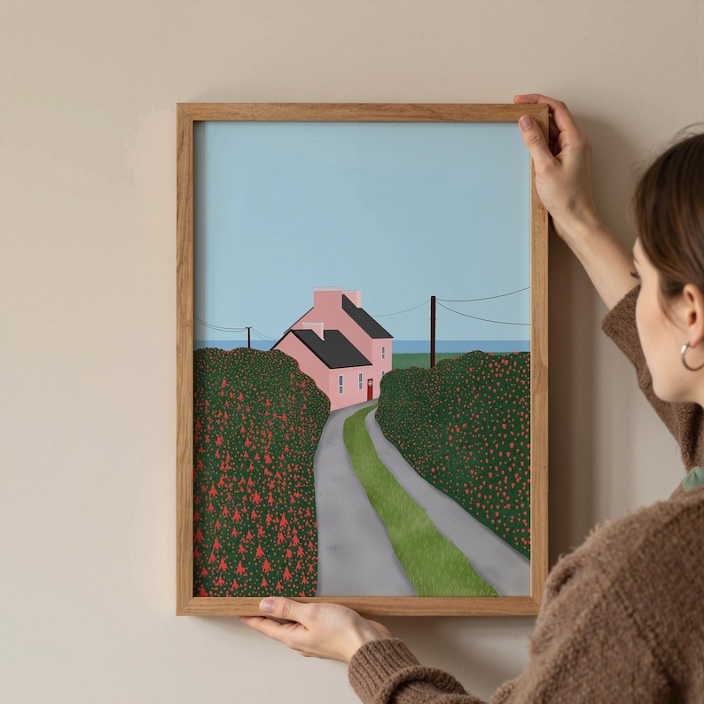 Cute Cottage Illustration Print, Pink House Art Print, Floral Art ...