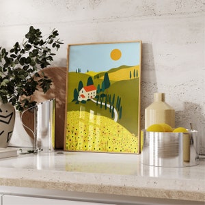 Tuscany Countryside Illustration Print, Italy Travel Print, Sunflower Art Print, Yellow Sunflowers, Italian Illustration, Tuscan Hills Art image 2