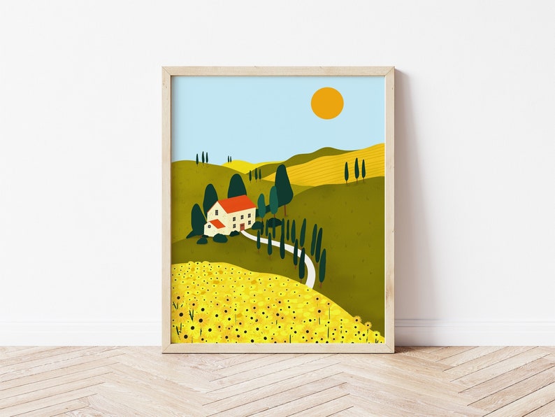 Tuscany Countryside Illustration Print, Italy Travel Print, Sunflower Art Print, Yellow Sunflowers, Italian Illustration, Tuscan Hills Art image 1