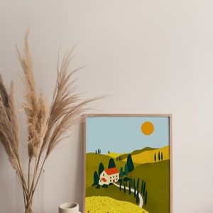 Tuscany Countryside Illustration Print, Italy Travel Print, Sunflower Art Print, Yellow Sunflowers, Italian Illustration, Tuscan Hills Art image 9