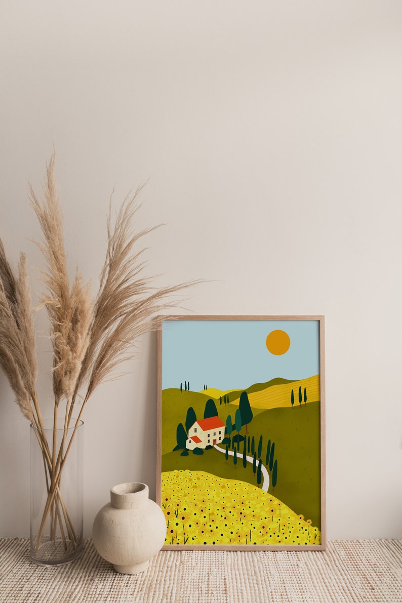 Tuscany Countryside Illustration Print, Italy Travel Print, Sunflower Art Print, Yellow Sunflowers, Italian Illustration, Tuscan Hills Art image 9