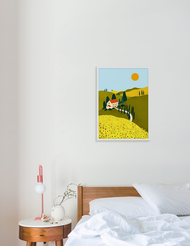 Tuscany Countryside Illustration Print, Italy Travel Print, Sunflower Art Print, Yellow Sunflowers, Italian Illustration, Tuscan Hills Art image 5