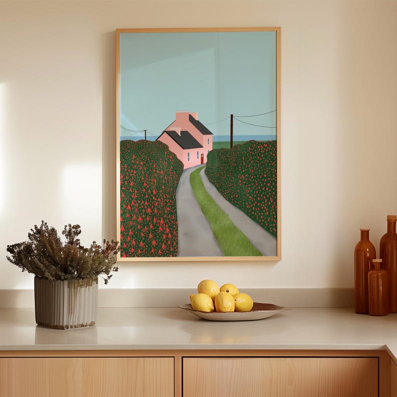 Cute Cottage Illustration Print, Pink House Art Print, Floral Art ...