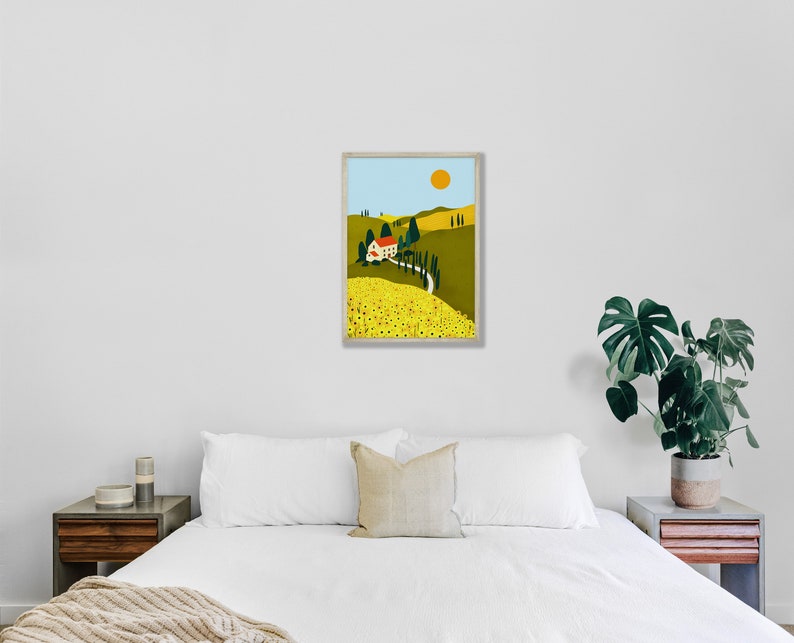 Tuscany Countryside Illustration Print, Italy Travel Print, Sunflower Art Print, Yellow Sunflowers, Italian Illustration, Tuscan Hills Art image 7