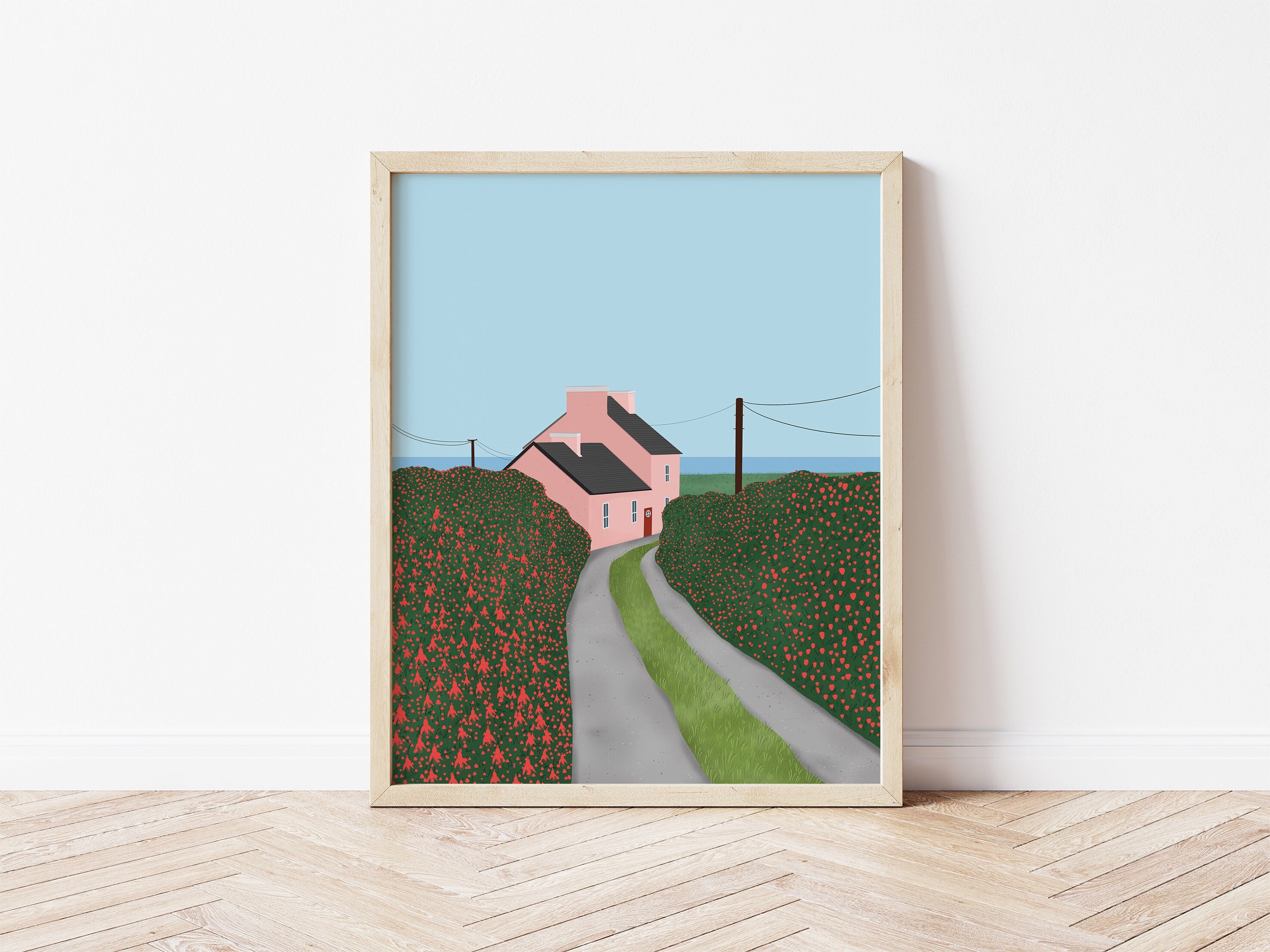 Cute Cottage Illustration Print, Pink House Art Print, Floral Art ...
