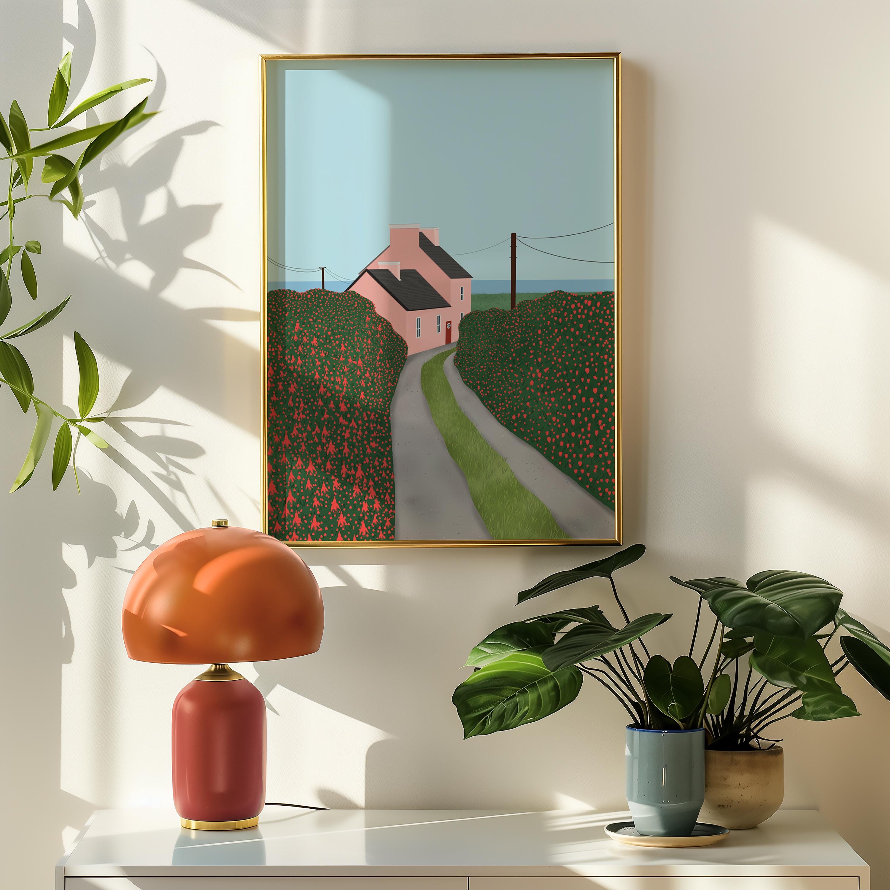 Cute Cottage Illustration Print, Pink House Art Print, Floral Art ...