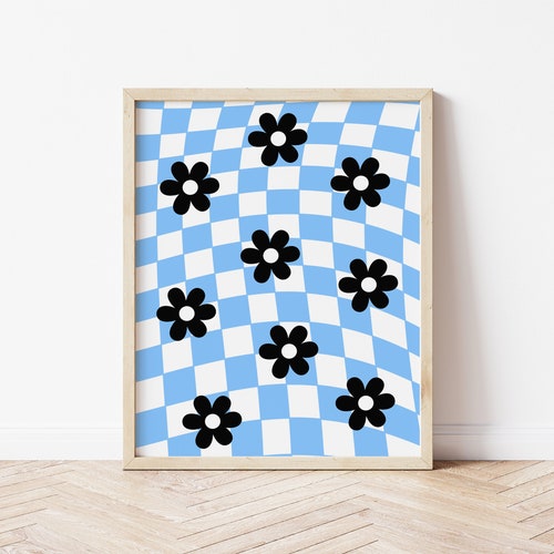 Black and White Checkered Flower Pattern Wall Art Geometric Etsy