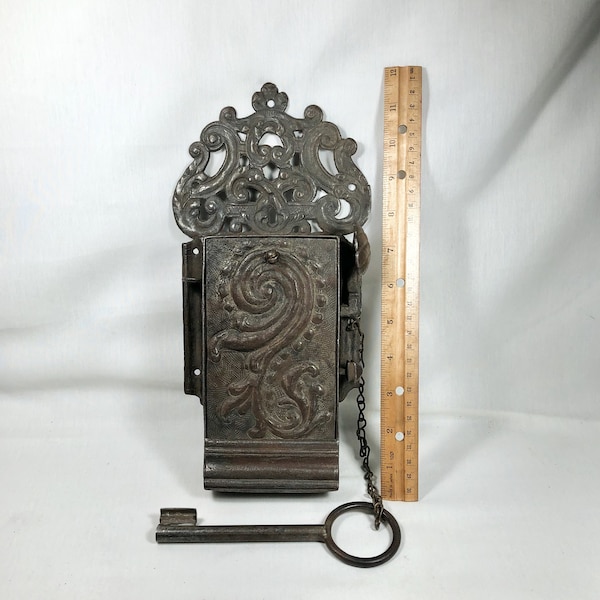 Antique 1700's Ornate Hand Forged steel Lock & Key - Castle, Church, or Fortress