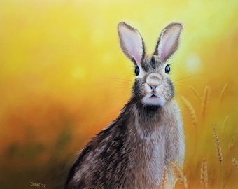 Original pastel drawing pastel painting hare in field