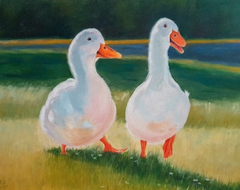 Original oil painting Oil painting "Funny pair of geese"