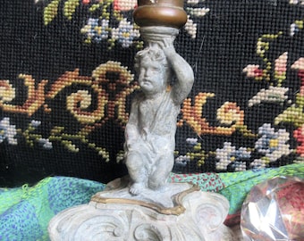 1800's cherub candlestick, cast metal/brass candle mount, unusual design, fabulous patina, shabby chic, animal foot base, wonderful decor