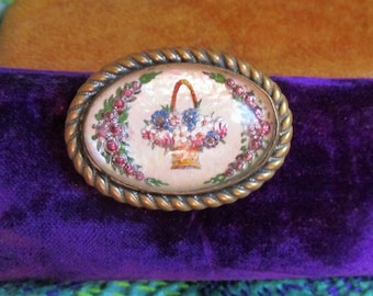 antique intaglio Edwardian brooch, embossed flowers under glass, center bouquet, floral garlands, brass setting, unusual design, feminine