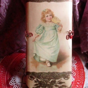 delightful Edwardian hand painted celluloid art piece, young girl, gold rococo flourish, shabby chic, Victorian decor, rare find,