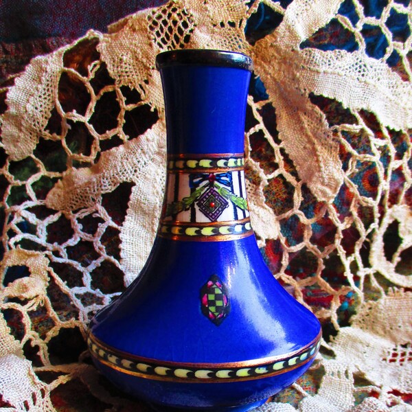 Egyptian revival small vase, circa 1900, JKL Fenton china, deep blue with Egyptian styling, ewer shaped body, dramatic, boho,  decor