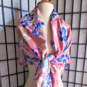 floral large square scarf/shawl, 1940's rayon crepe, pink background, flowers/ birds, beautiful drape, classic retro, ecxcellent condition