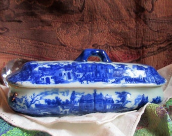 incredible antique flow blue transferware, ironstone, covered dish, three sections, 1800&#39;s, stunning elaborate design, excellent condition
