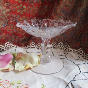 etched glass Victorian bowl on pedestal, friendship bowl,scalloped bowl, molded glass swirled stem, candy or nuts, excellent condition