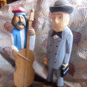 Hand carved folk art, Gaspe, Quebec, musician/cellist, lawyer/business man, hand painted figures, characters , hand crafted, super condition