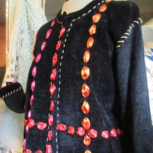 Susan Bristol chenile black statement sweater, ribbon trim, bold, office or play, excellent condition,  size L/XL, quality, designer