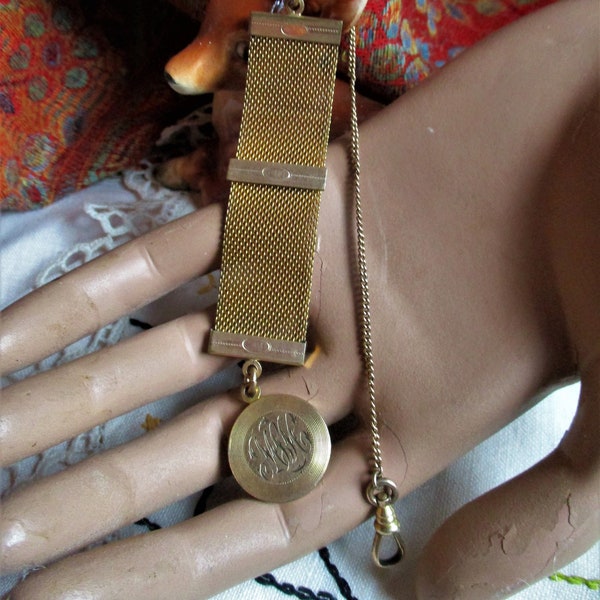 gold filled antique watch fob, woven style band, monogrammed  charm, lobster claw chain, Edwardian, circa 1910, classy, classic, steampunk