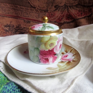 joli pot de confiture en porcelaine peint à la main des années 1800 avec assiette, design floral, pot à couvercle, assiette assortie, porcelaine victorienne, excellent état